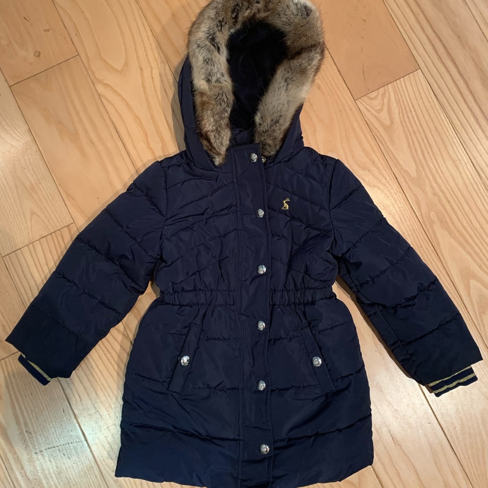 Joules girls winter coat with faux fur hood 3T